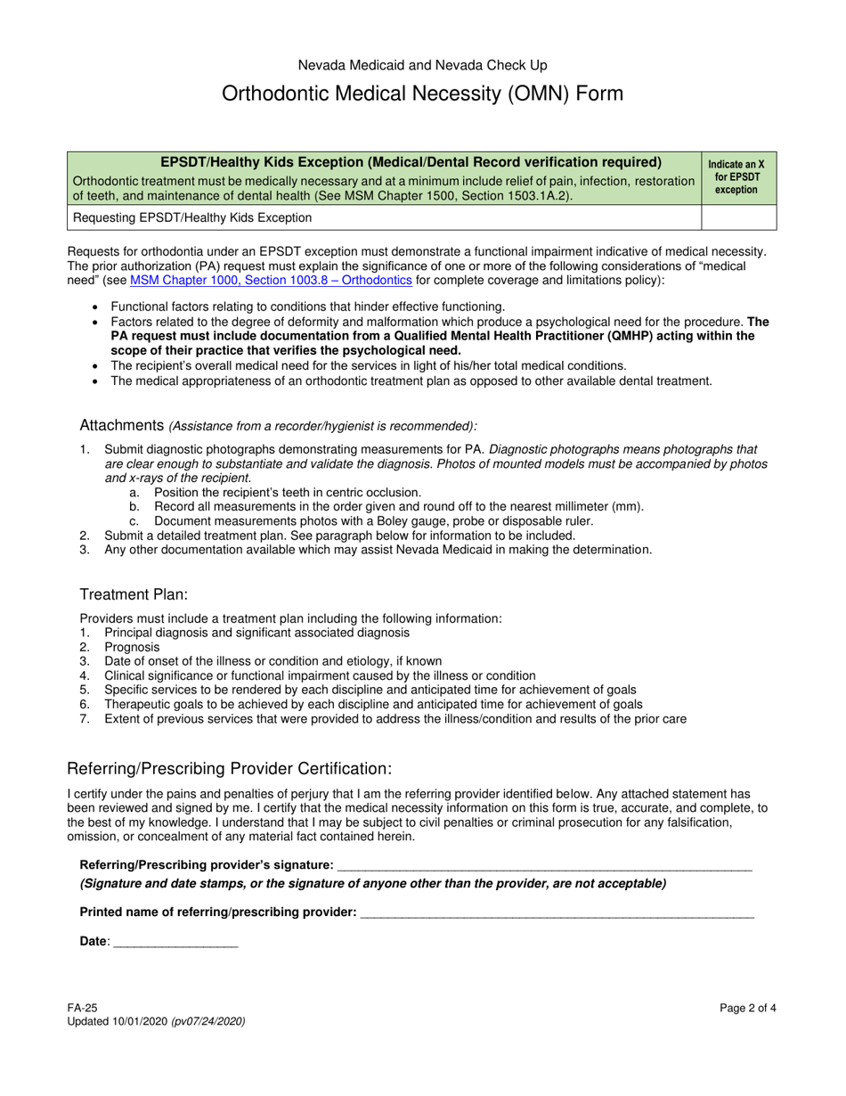 Form FA-25 Orthodontic Medical Necessity (Omn) Form - Nevada, Page 2