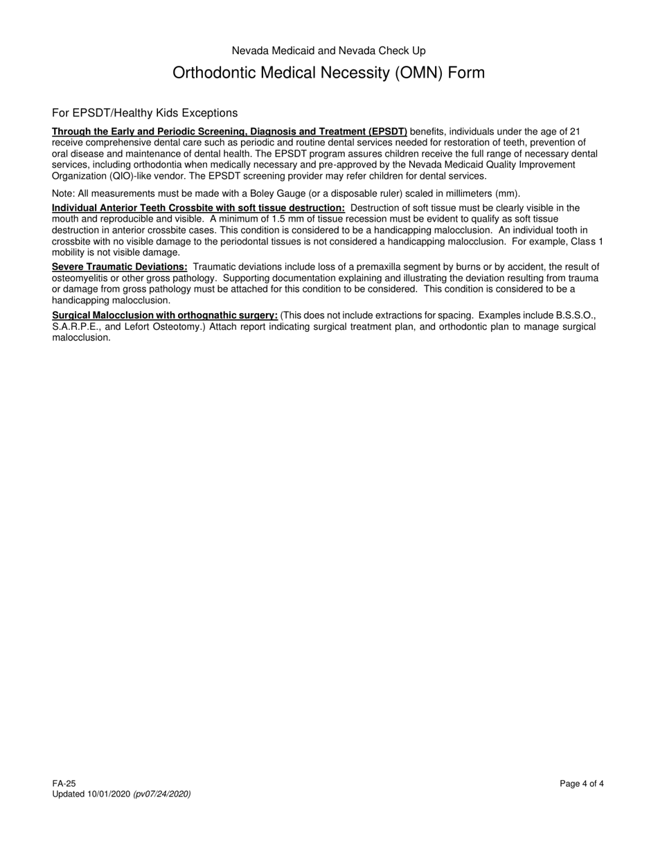 Form FA-25 Orthodontic Medical Necessity (Omn) Form - Nevada, Page 4