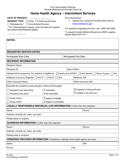 Form FA-16A Home Health Agency - Intermittent Services - Nevada