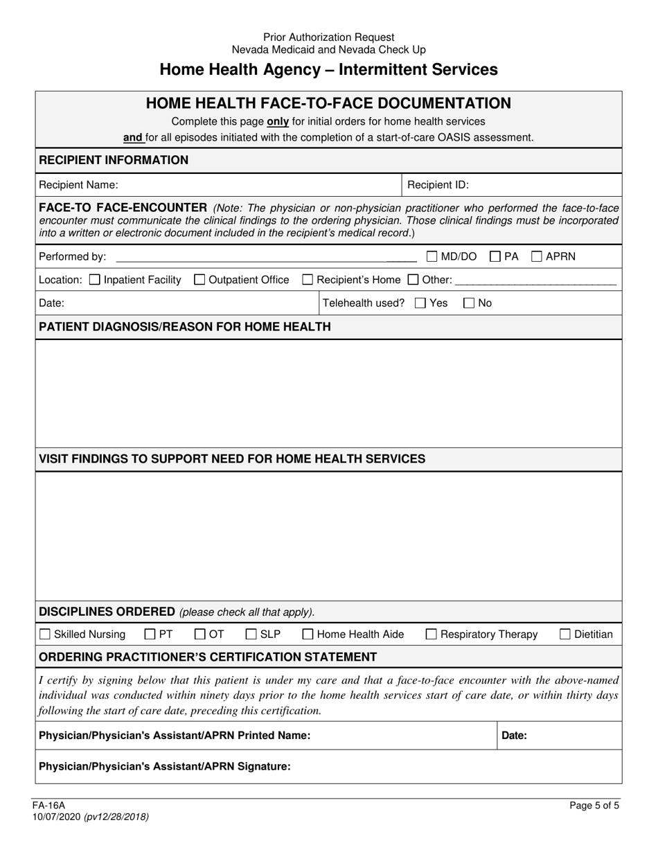 Form FA-16A Home Health Agency - Intermittent Services - Nevada, Page 5