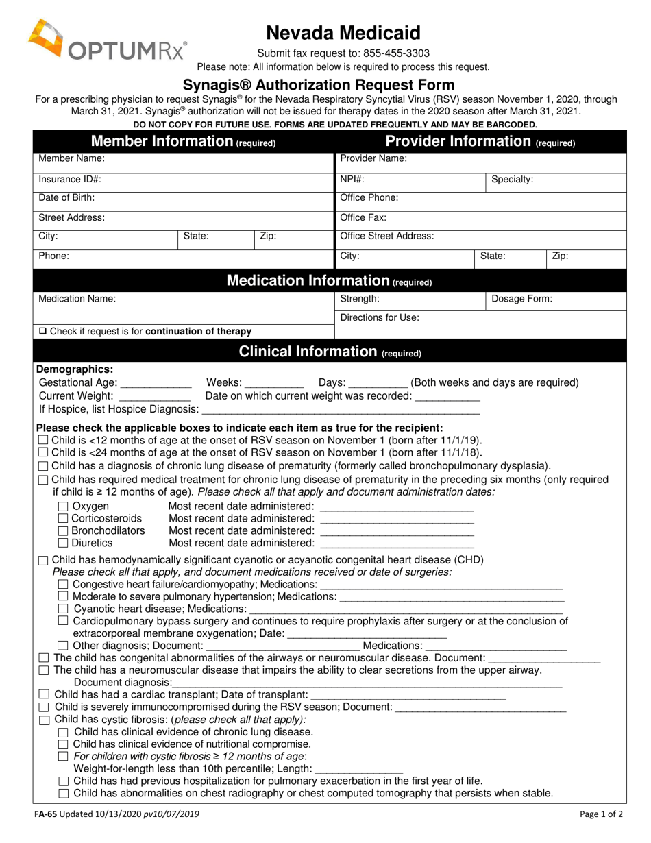 Form FA-65 Synagis Authorization Request Form - Nevada, Page 1