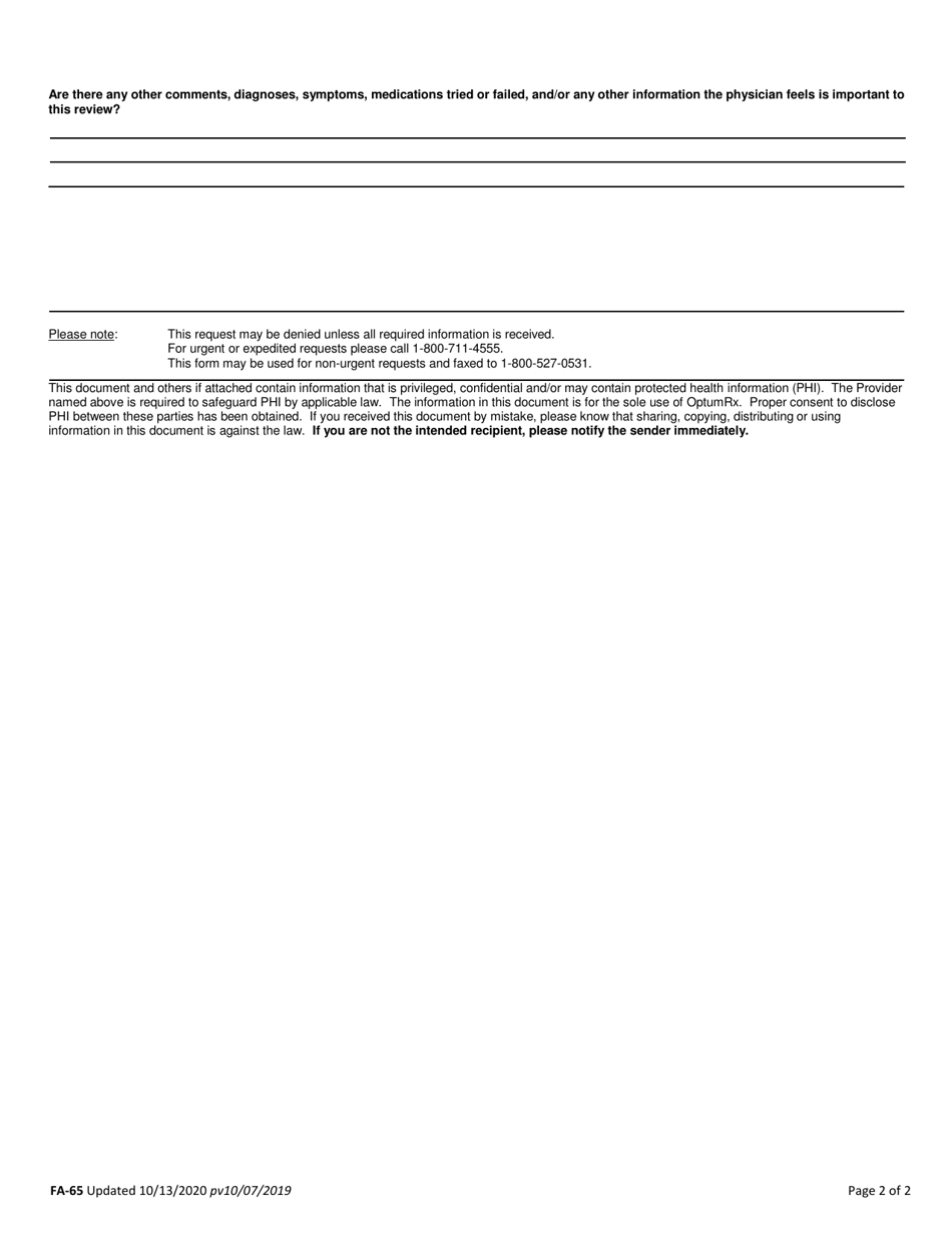 Form FA-65 Synagis Authorization Request Form - Nevada, Page 2