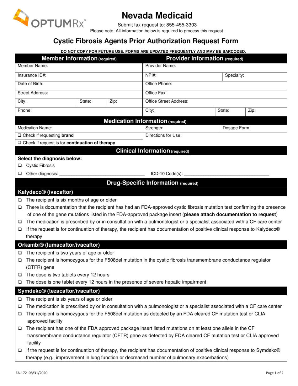 Form FA-172 Cystic Fibrosis Agents Prior Authorization Request Form - Nevada, Page 1