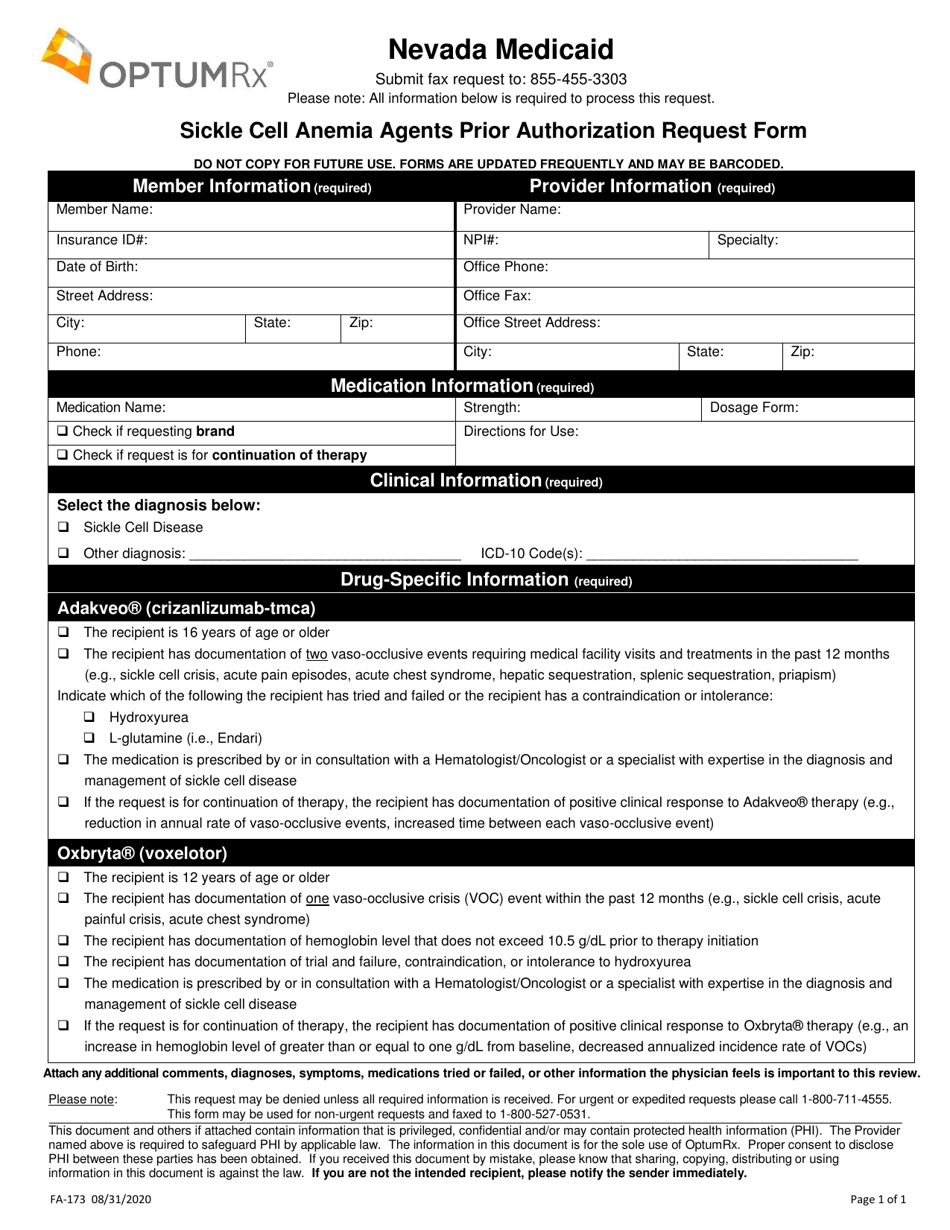 Form FA-173 Sickle Cell Anemia Agents Prior Authorization Request Form - Nevada, Page 1