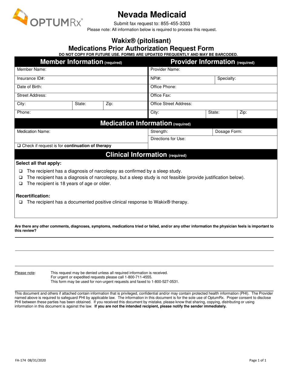 Form FA-174 Wakix (Pitolisant) Medications Prior Authorization Request Form - Nevada, Page 1
