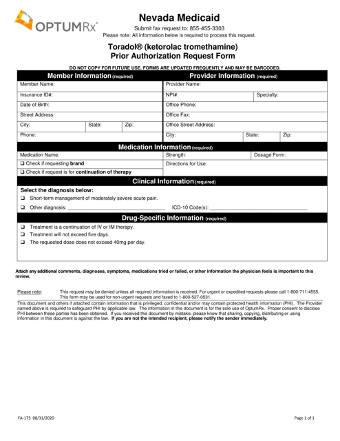 Form FA-175 Toradol (Ketorolac Tromethamine) Prior Authorization Request Form - Nevada