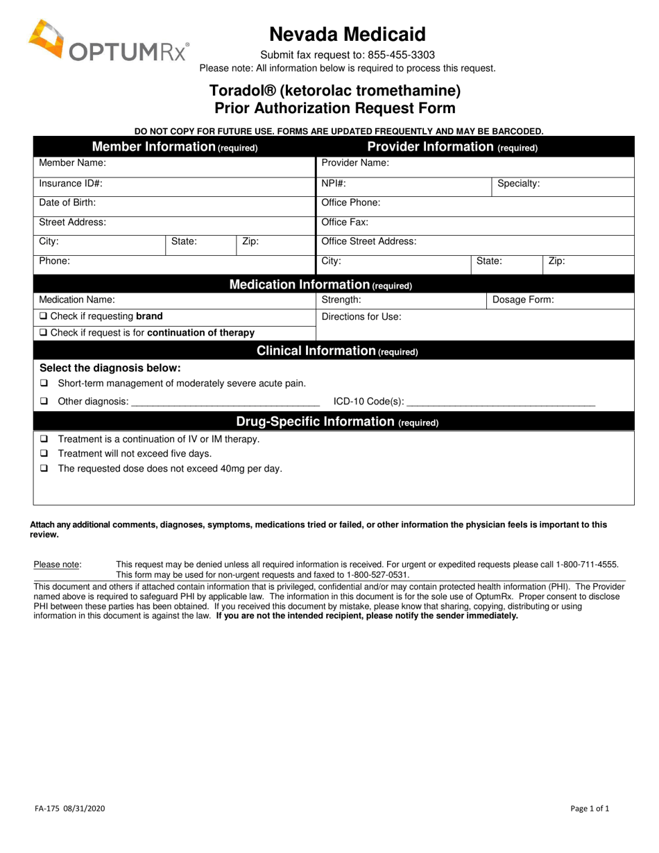 Form FA-175 Toradol (Ketorolac Tromethamine) Prior Authorization Request Form - Nevada, Page 1