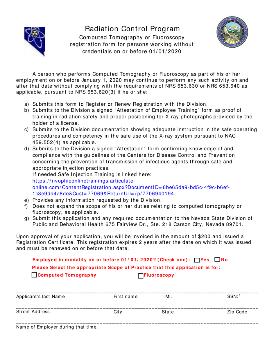 Computed Tomography or Fluoroscopy Registration Form for Persons Working Without Credentials on or Before 01.01.2020 - Nevada, Page 1