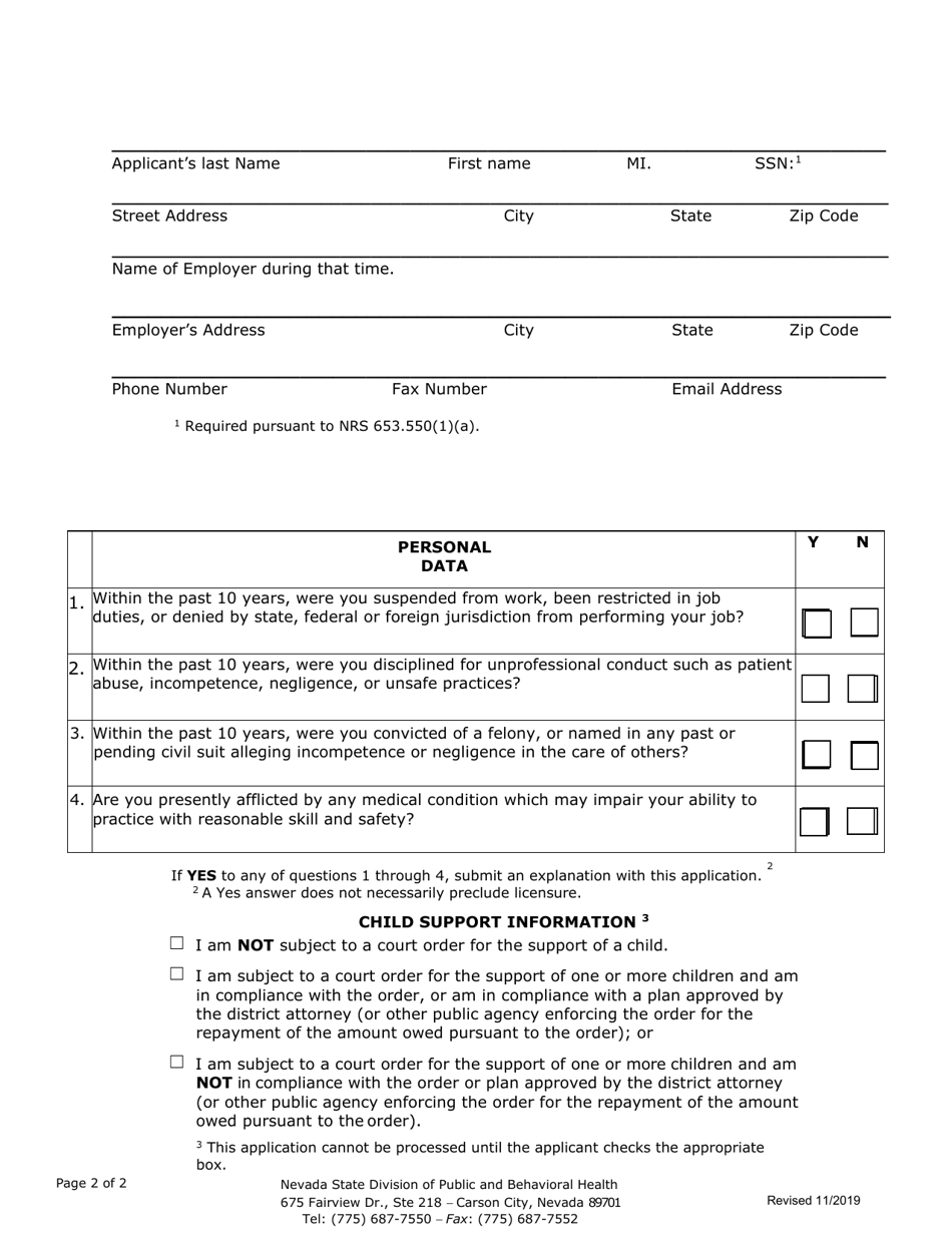 Radiation Therapy or Radiologic Imaging Registration Form for Persons Working Without Credentials on or Before 01 / 01 / 2020 - Nevada, Page 2