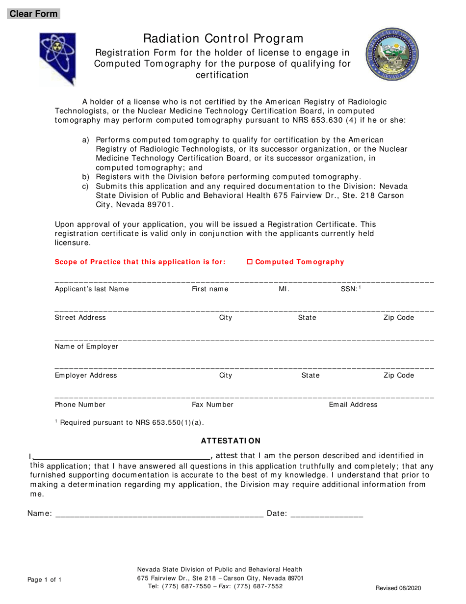 Registration Form for the Holder of License to Engage in Computed Tomography for the Purpose of Qualifying Certification - Nevada, Page 1