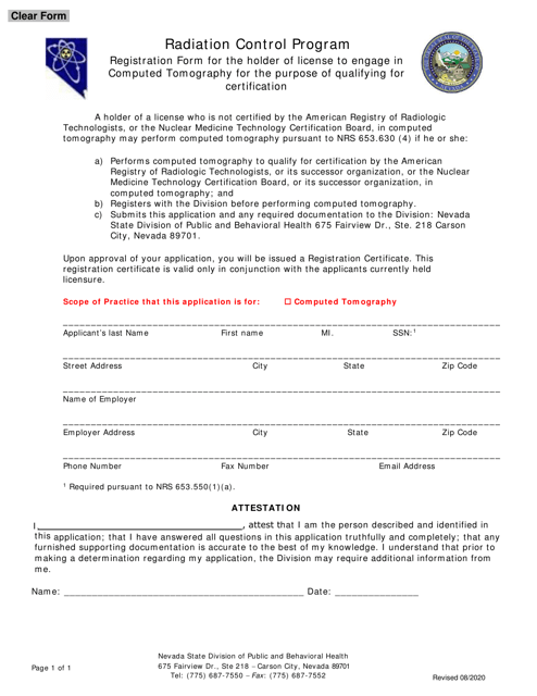 Registration Form for the Holder of License to Engage in Computed Tomography for the Purpose of Qualifying Certification - Nevada Download Pdf
