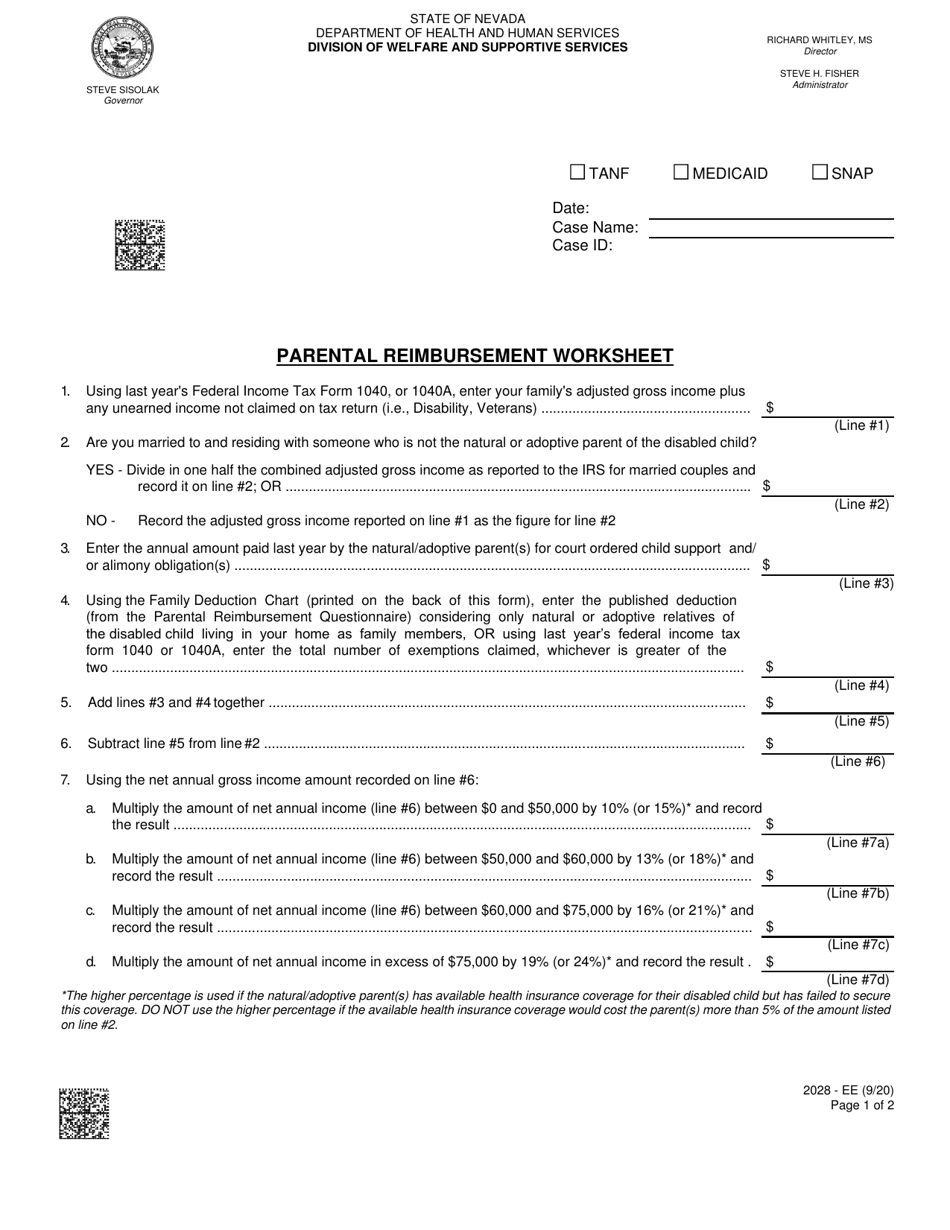 Form 2028-EE Parental Reimbursement Worksheet - Nevada, Page 1