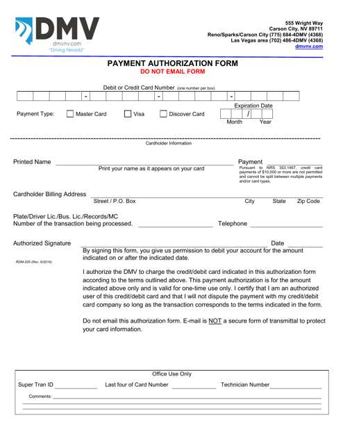 Form ADM-205 Payment Authorization Form - Nevada