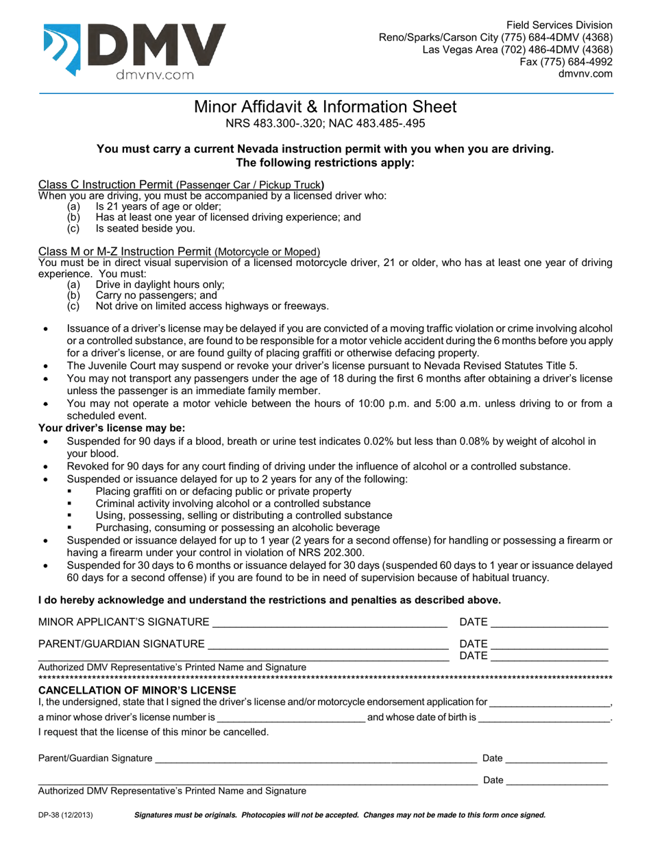 Form DP-38 Minor Affidavit  Information Sheet - Nevada, Page 1
