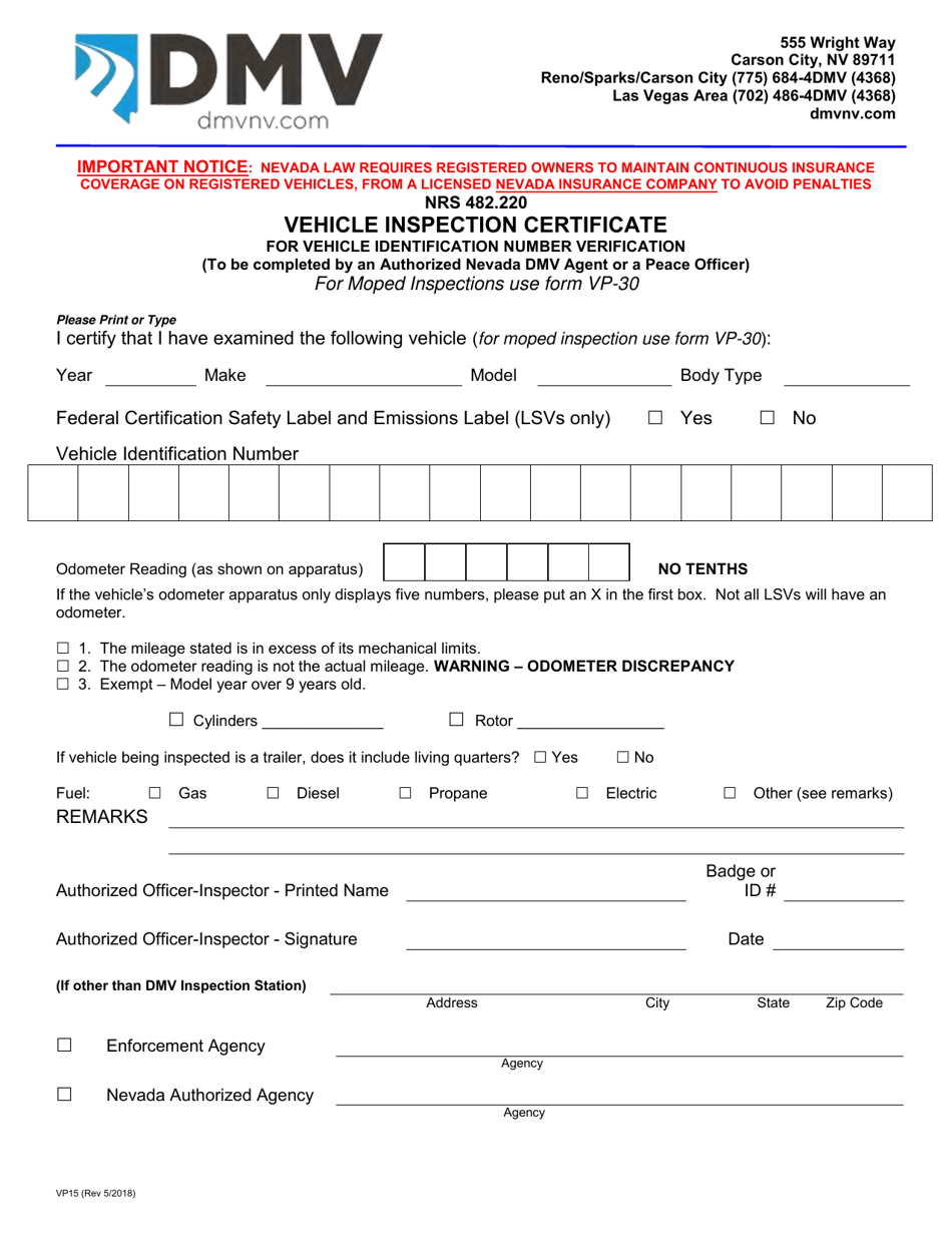 Fillable Nevada Dmv Vin Inspection Form Printable Forms Free Online