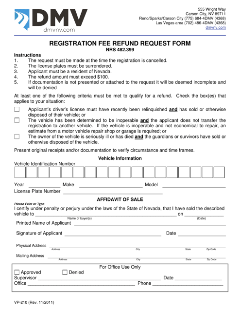 Form VP-210 Registration Fee Refund Request Form - Nevada