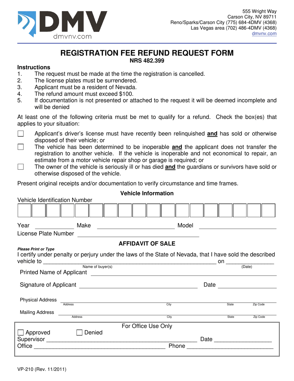 Form VP-210 Registration Fee Refund Request Form - Nevada, Page 1