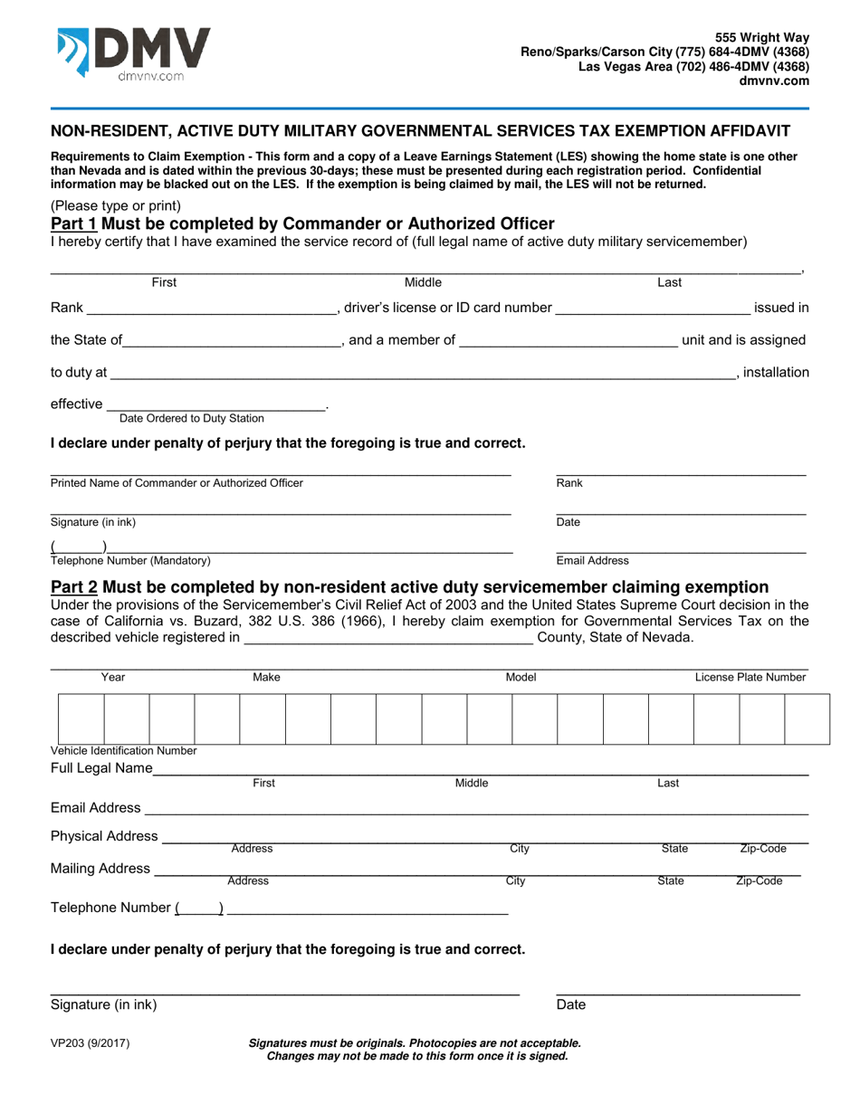 Form VP203 Non-resident, Active Duty Military Governmental Services Tax Exemption Affidavit - Nevada, Page 1