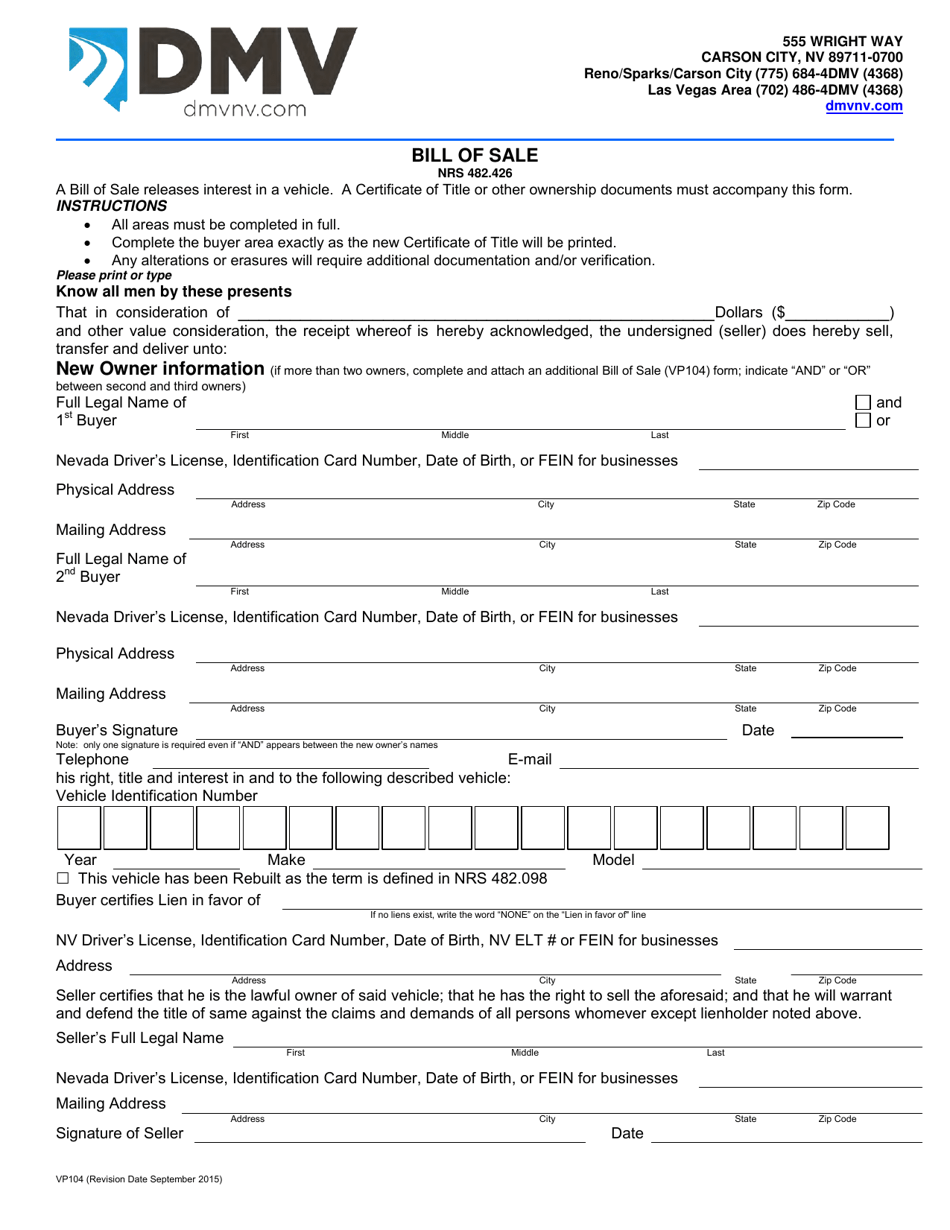 Form VP104 Bill of Sale - Nevada, Page 1