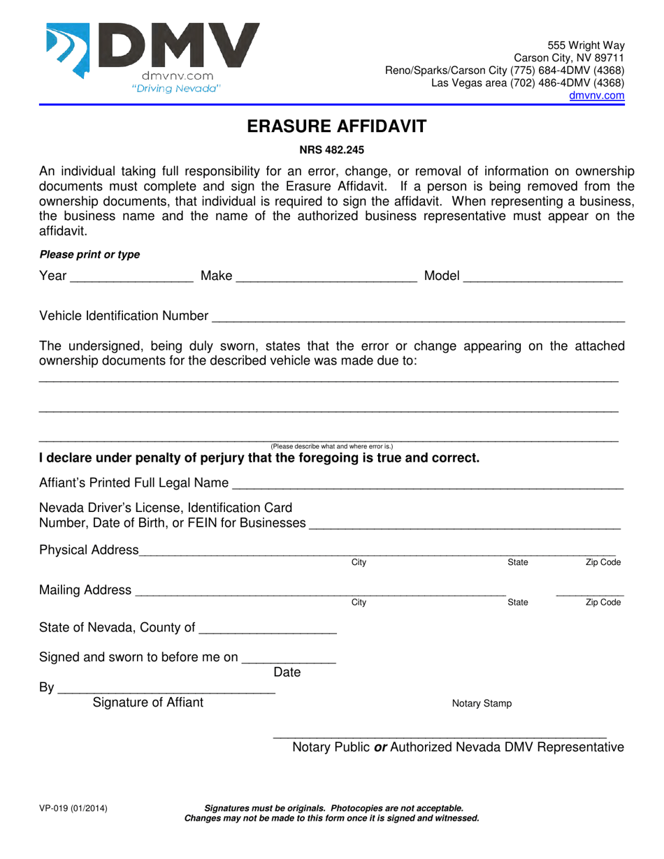 Form VP-019 Erasure Affidavit - Nevada, Page 1