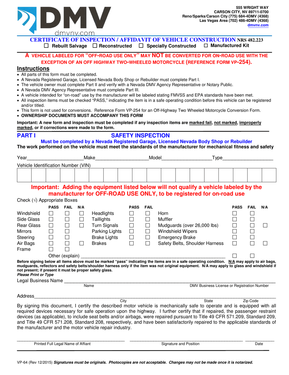 Form VP64 Fill Out, Sign Online and Download Printable PDF, Nevada