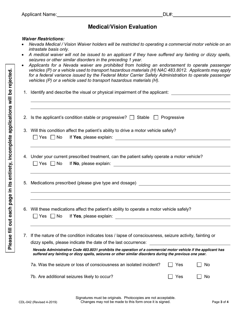 Form CDL-042 Commercial Medical / Vision Waiver Evaluation and Application - Nevada, Page 3