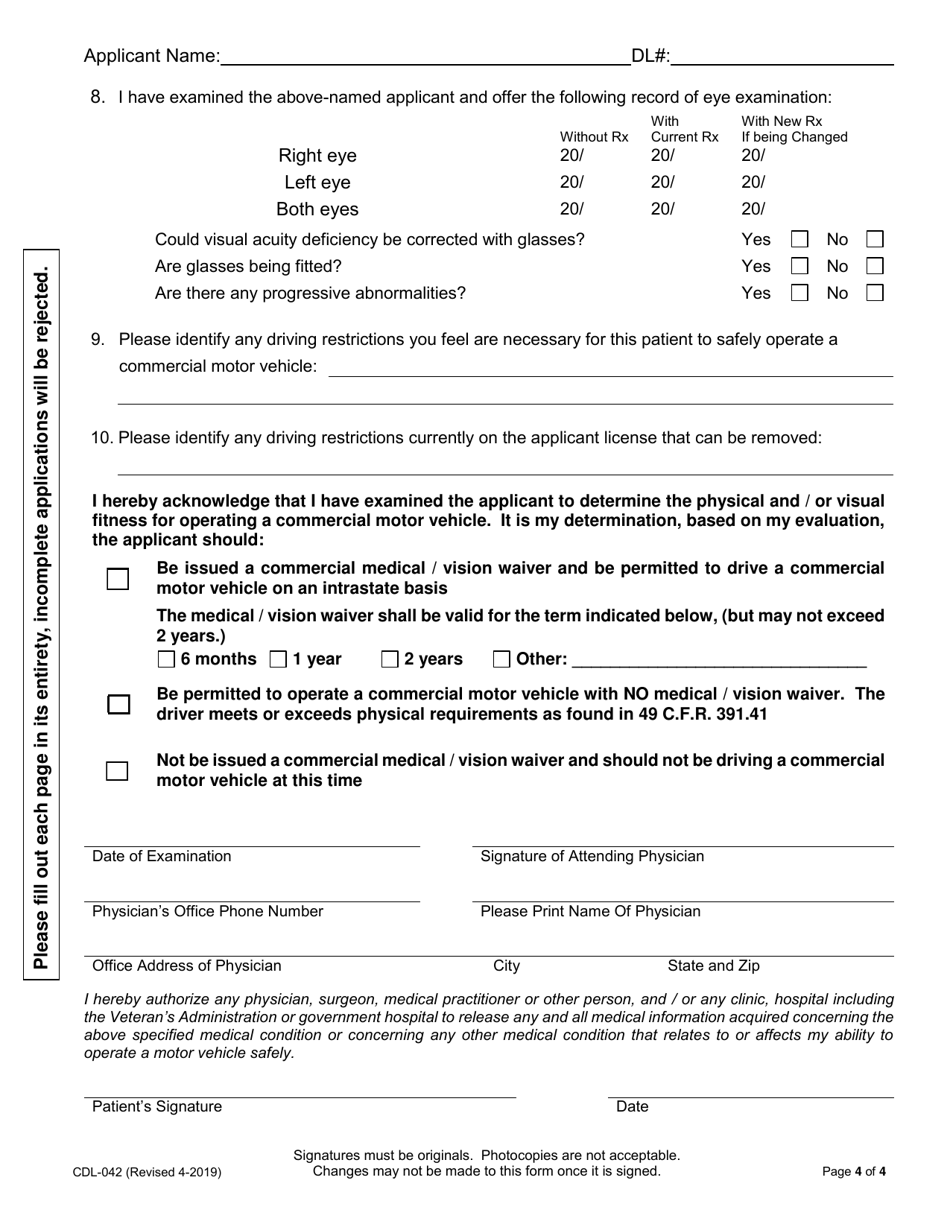 Form CDL-042 Commercial Medical / Vision Waiver Evaluation and Application - Nevada, Page 4