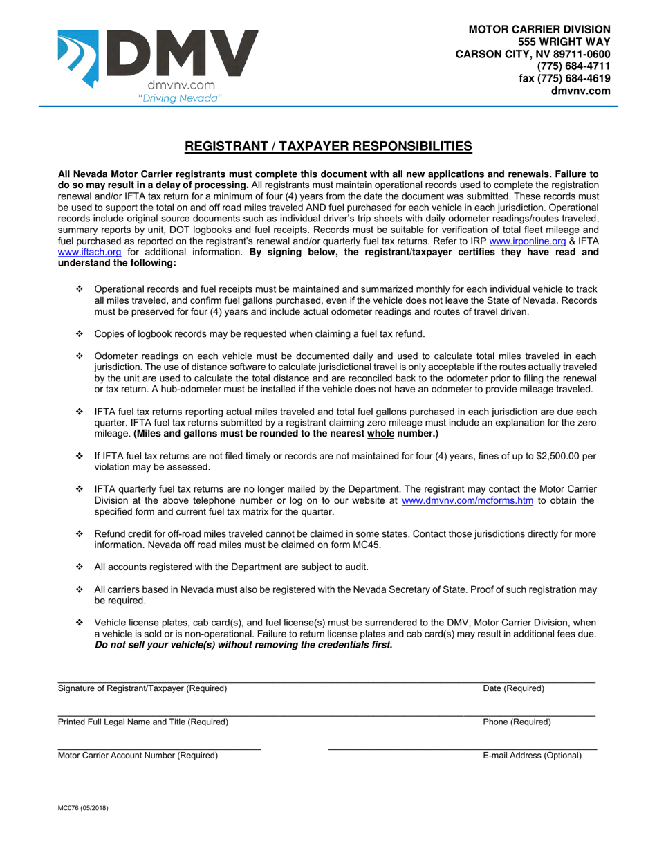 Form MC076 Registrant / Taxpayer Responsibilities - Nevada, Page 1