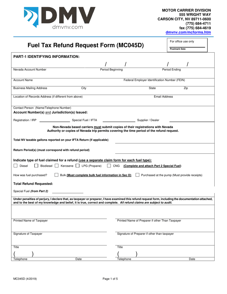 Form MC045D Fuel Tax Refund Request Form - Nevada, Page 1