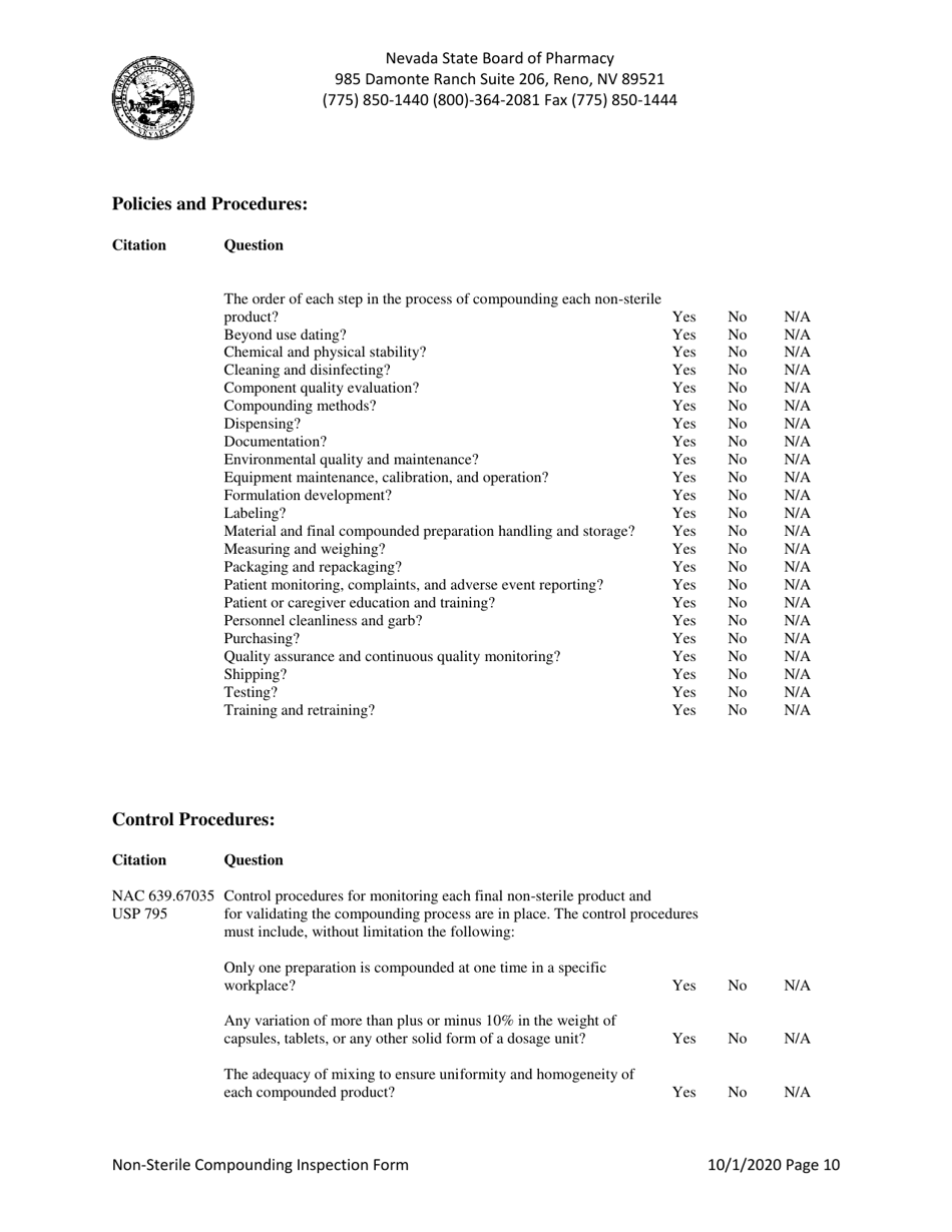 Non-sterile Compounding Inspection Form - Nevada, Page 10