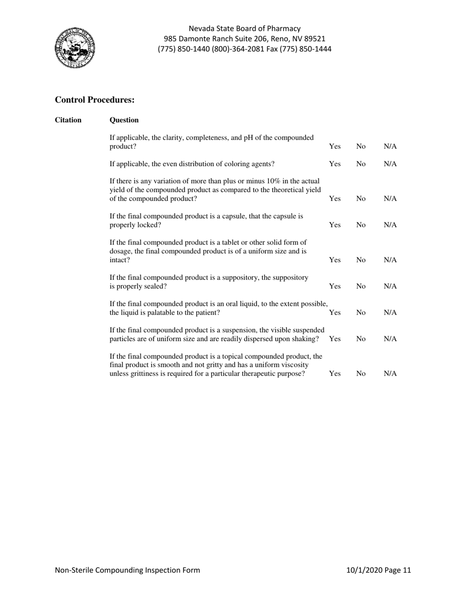Non-sterile Compounding Inspection Form - Nevada, Page 11
