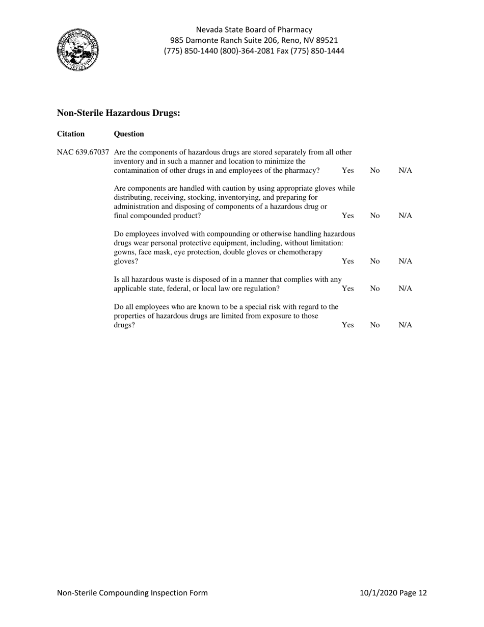 Non-sterile Compounding Inspection Form - Nevada, Page 12