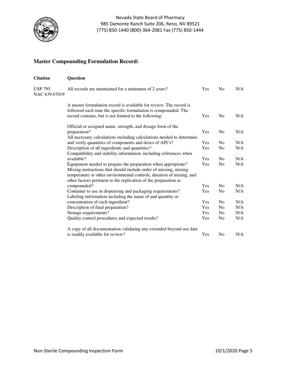 Non-sterile Compounding Inspection Form - Nevada, Page 5