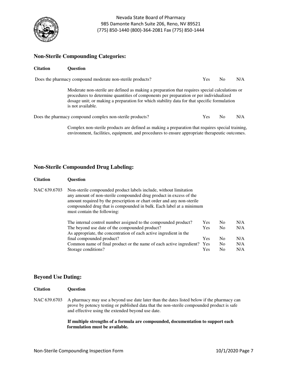 Non-sterile Compounding Inspection Form - Nevada, Page 7