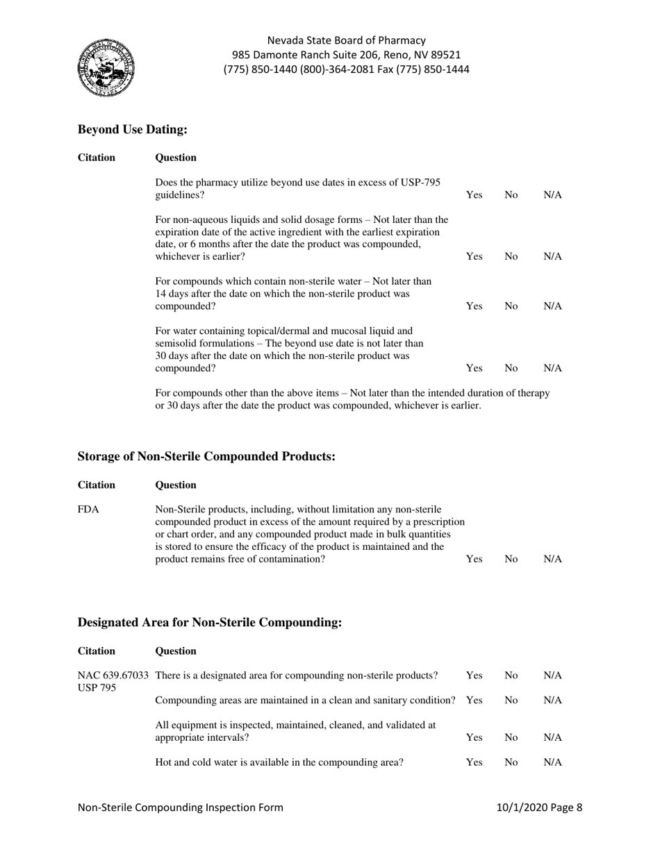 Non-sterile Compounding Inspection Form - Nevada, Page 8