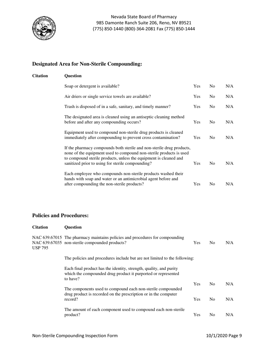Non-sterile Compounding Inspection Form - Nevada, Page 9