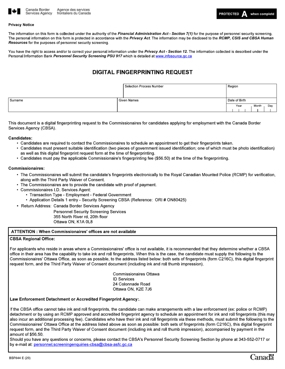 Form BSF644 Digital Fingerprinting Request - Canada, Page 1