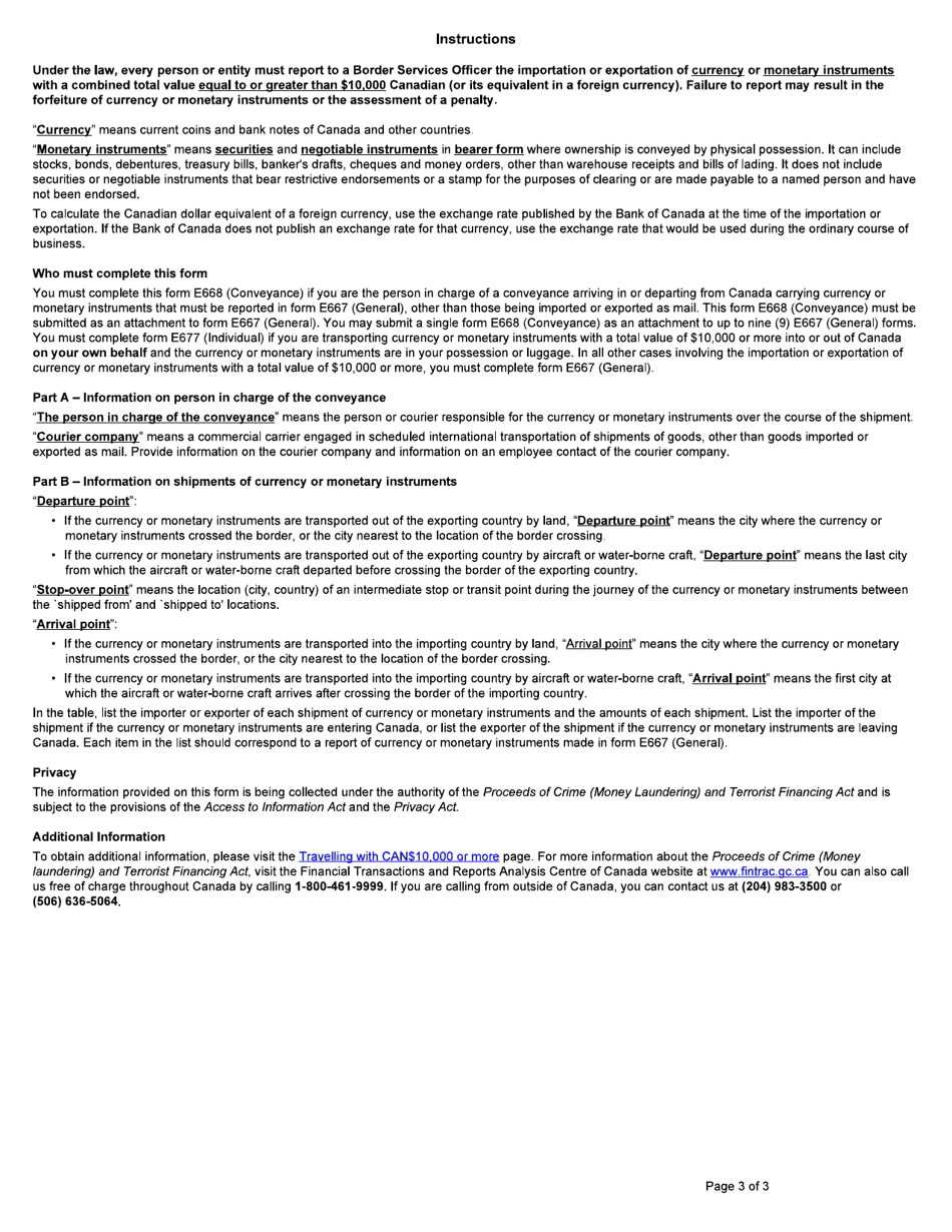 Form E668 Cross-border Currency or Monetary Instruments Report Made by Person in Charge of Conveyance - Canada, Page 3