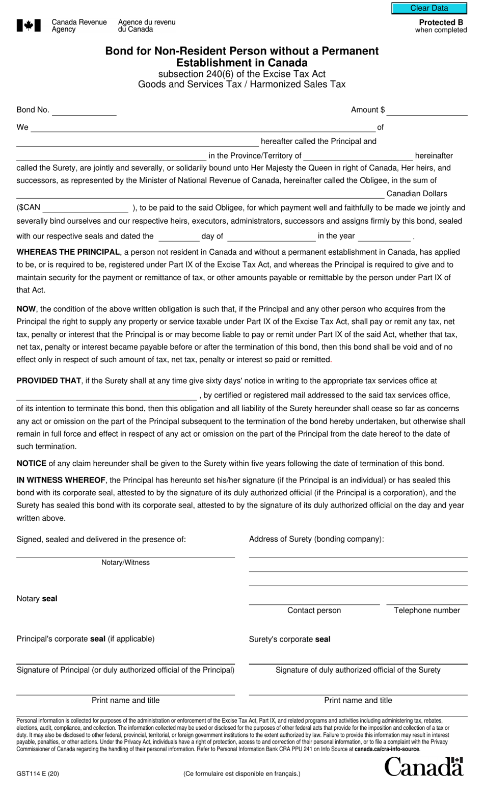 Form GST114 Bond for Non-resident Person Without a Permanent Establishment in Canada - Canada, Page 1