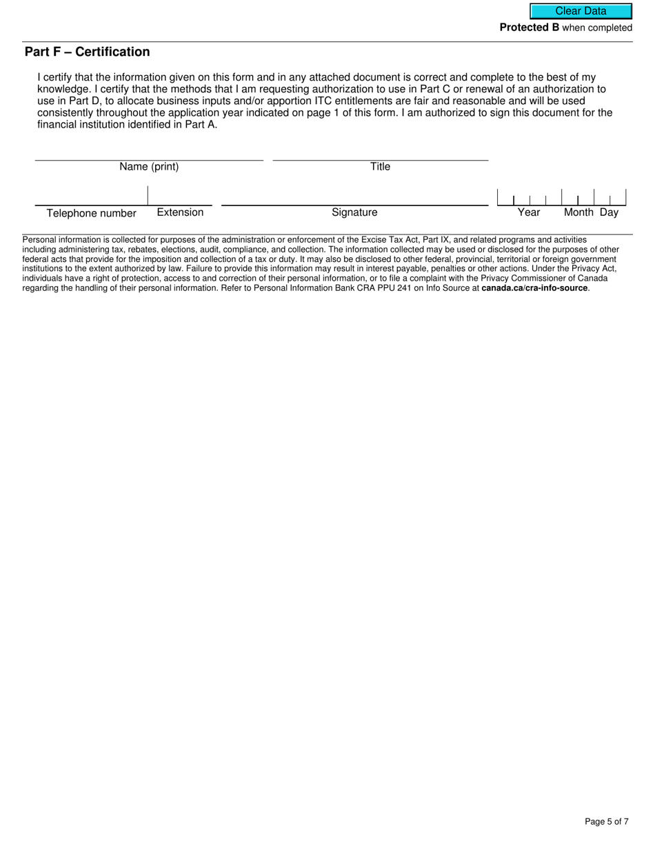 Form GST116 Application, Renewal, or Revocation of the Authorization for a Qualifying Institution to Use Particular Input Tax Credit Allocation Methods - Canada, Page 5