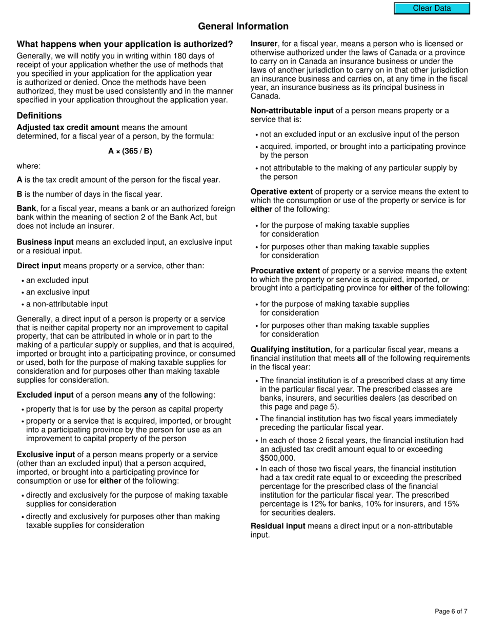 Form GST116 Application, Renewal, or Revocation of the Authorization for a Qualifying Institution to Use Particular Input Tax Credit Allocation Methods - Canada, Page 6