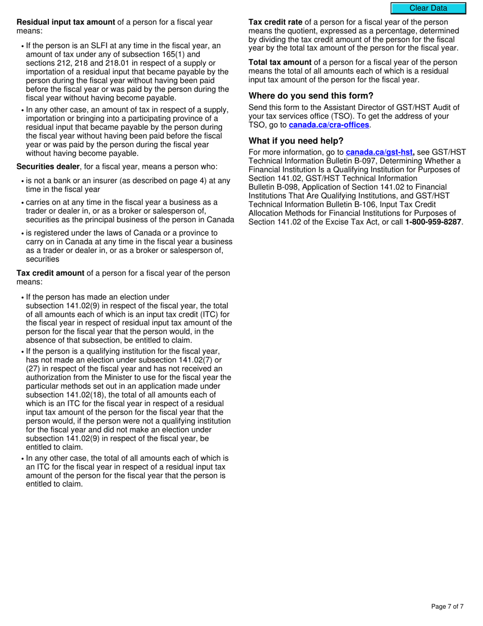Form GST116 Application, Renewal, or Revocation of the Authorization for a Qualifying Institution to Use Particular Input Tax Credit Allocation Methods - Canada, Page 7