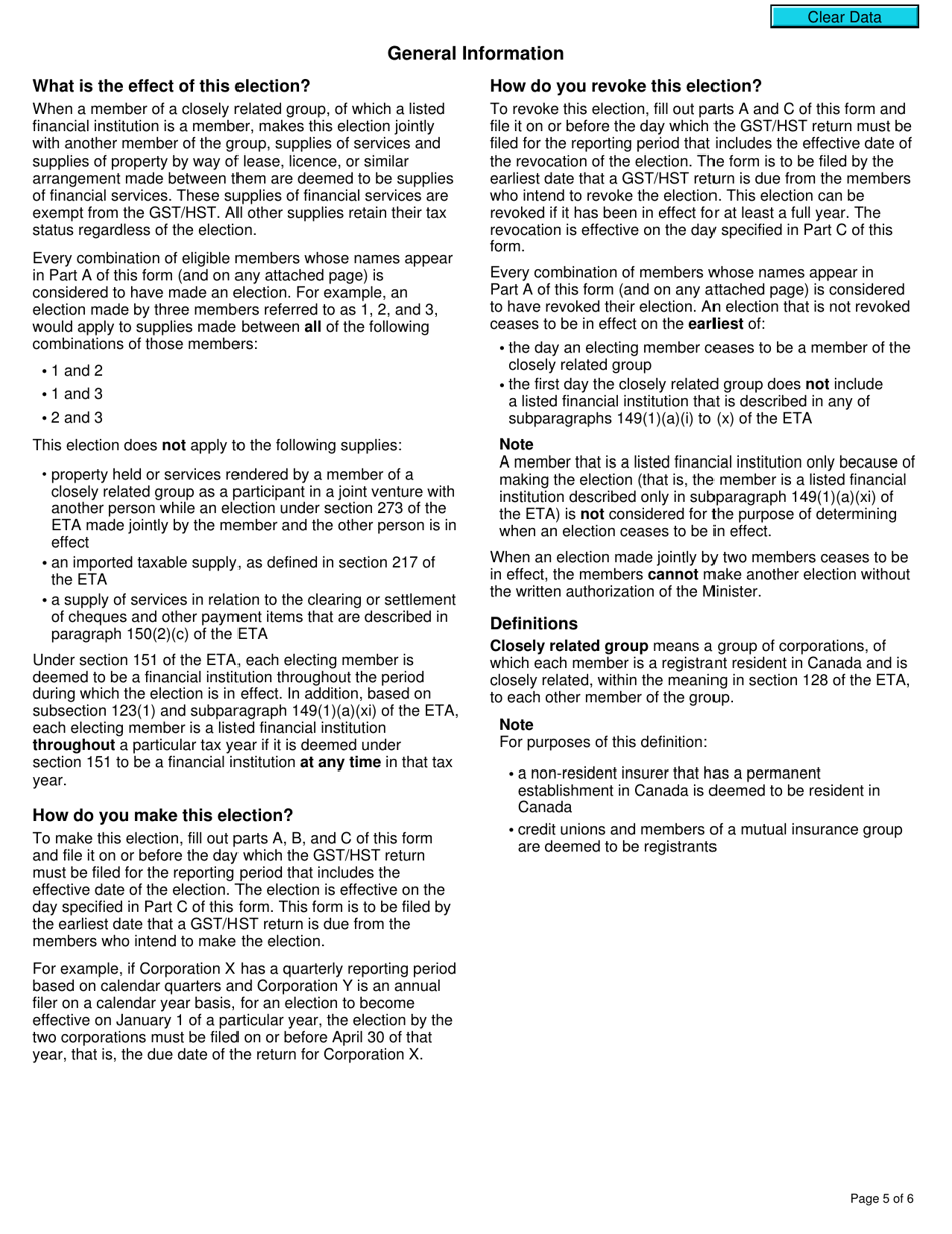 Form GST27 Election or Revocation of an Election to Deem Certain Supplies to Be Financial Services for Gst / Hst Purposes - Canada, Page 5