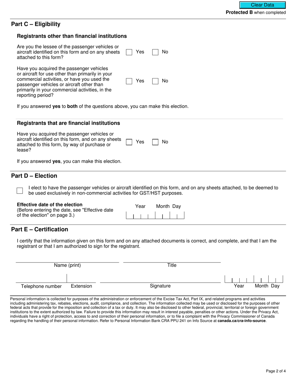 Form GST30 Election for Passenger Vehicles or Aircraft to Be Deemed to Be Used Exclusively in Non-commercial Activities - Canada, Page 2