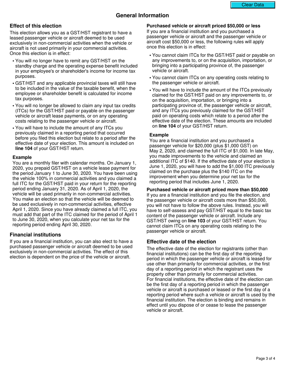 Form GST30 Election for Passenger Vehicles or Aircraft to Be Deemed to Be Used Exclusively in Non-commercial Activities - Canada, Page 3