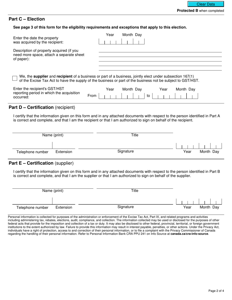 Form GST44 Gst / Hst Election Concerning the Acquisition of a Business or Part of a Business - Canada, Page 2