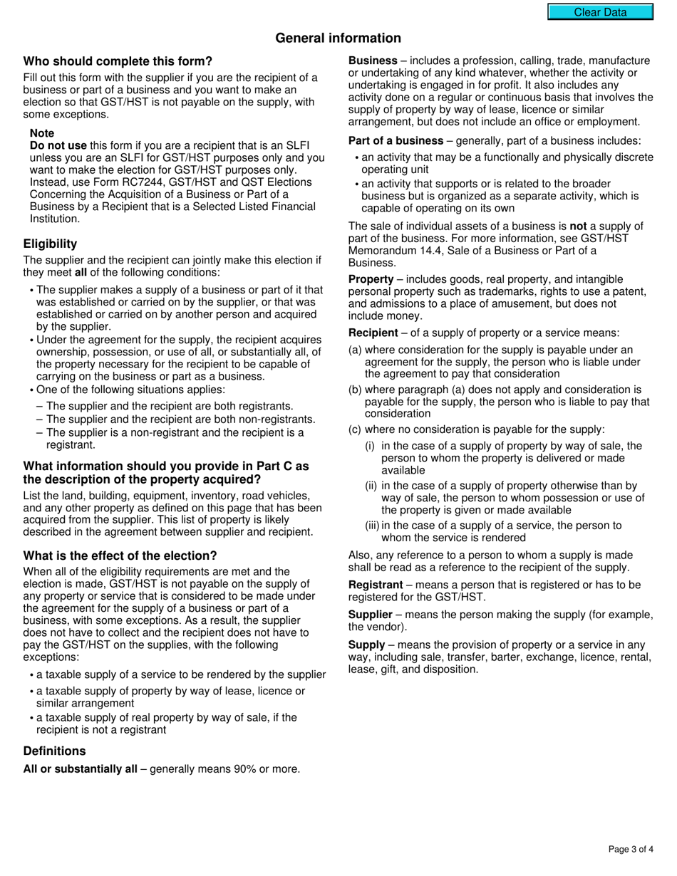 Form GST44 Gst / Hst Election Concerning the Acquisition of a Business or Part of a Business - Canada, Page 3