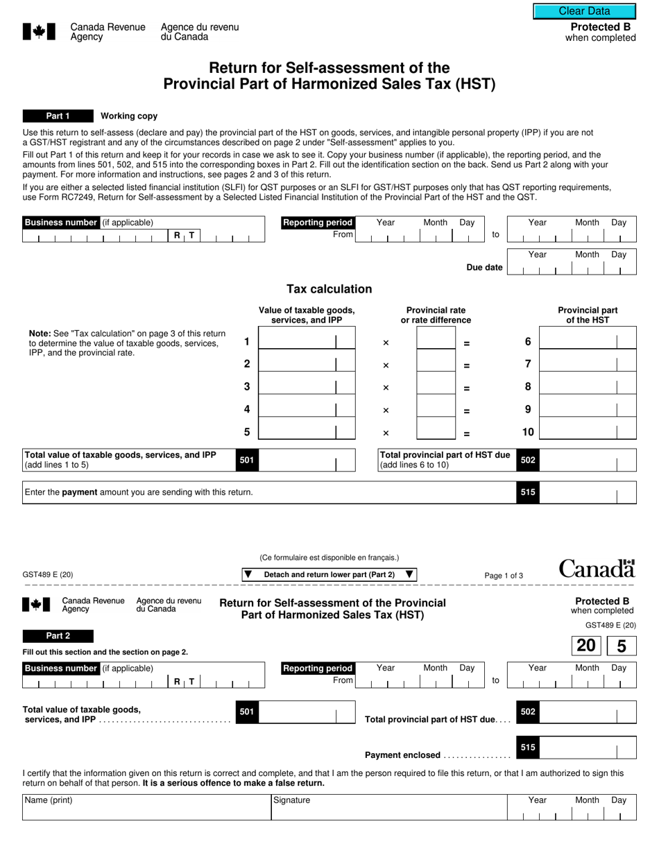 Form GST489 Return for Self-assessment of the Provincial Part of Harmonized Sales Tax (Hst) - Canada, Page 1