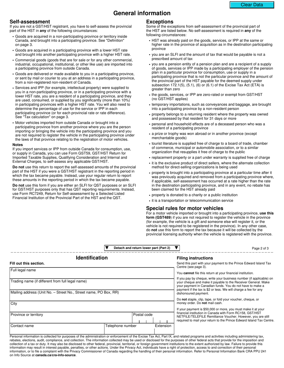 Form GST489 Return for Self-assessment of the Provincial Part of Harmonized Sales Tax (Hst) - Canada, Page 2