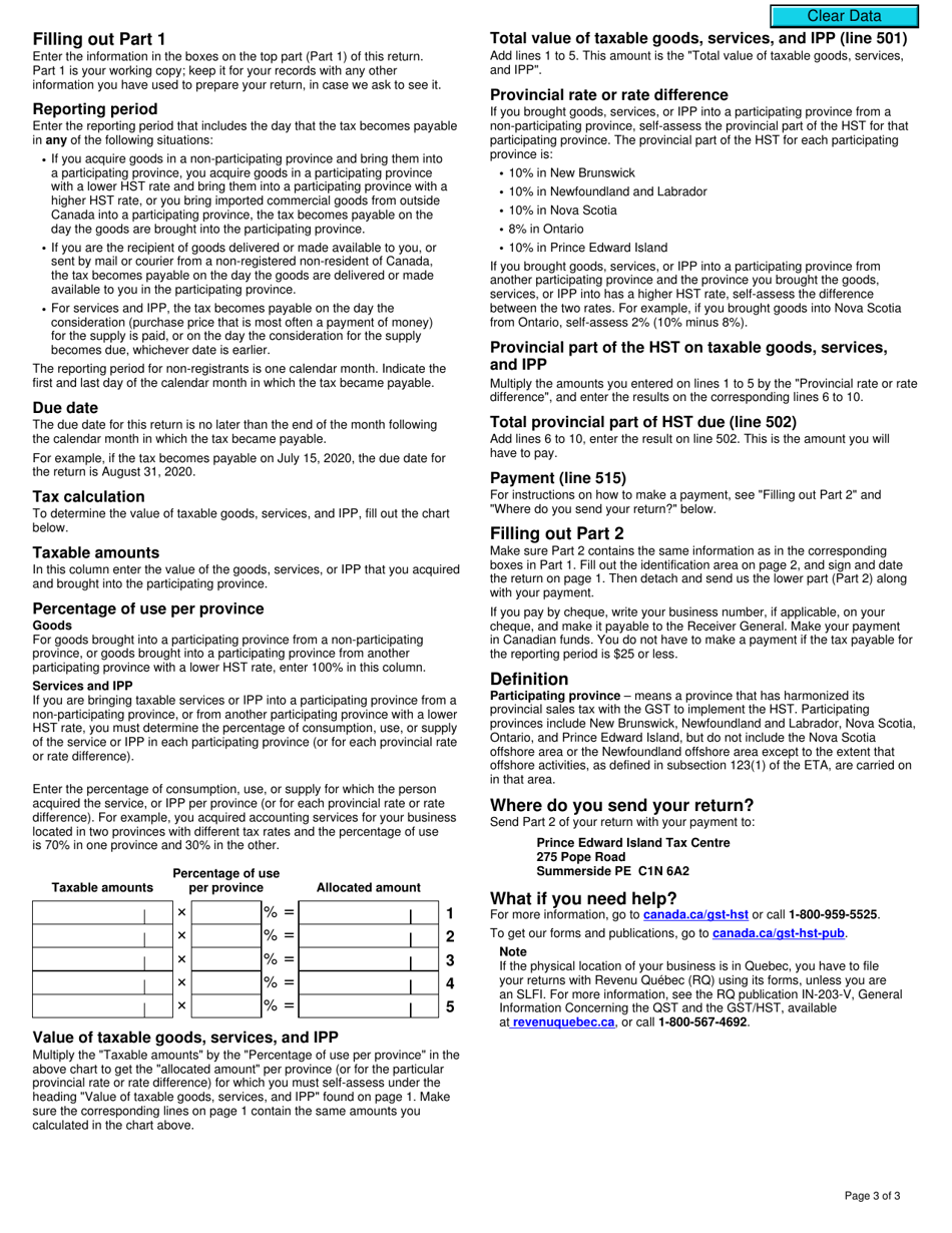 Form GST489 Return for Self-assessment of the Provincial Part of Harmonized Sales Tax (Hst) - Canada, Page 3